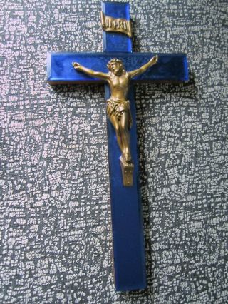 Vintage Antique 17 In.  Art Deco Blue Mirrored Glass Crucifix