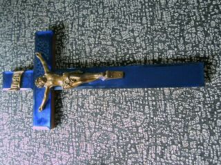 Vintage Antique 17 in.  Art Deco Blue Mirrored Glass Crucifix 2