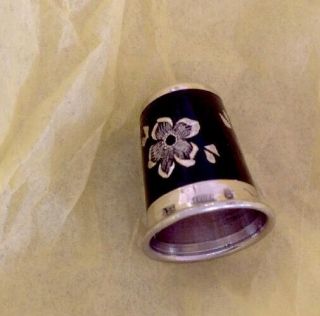 Black Enamel With Etched Flowers German Sterling Silver Thimble 925 Size 6