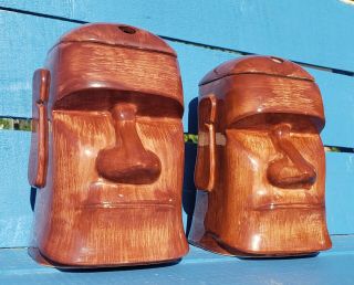 Set Of 2 Aku Aku Las Vegas Polynesian Moai Tiki Mugs Made By Omc Brown W/ Lids
