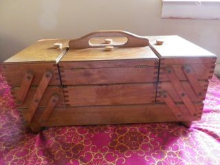 Wooden Accordion Fold Out Dove Tail Sewing Box