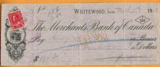 The Merchants Bank Of Canada Cheque - Whitewood - Saskatchewan