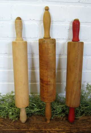 3 Vintage Wood Rolling Pins Red Handled Natural Wood Farmhouse Decor