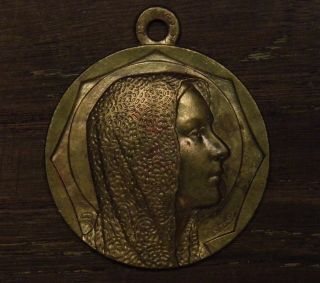 Antique Religious Bronze Medal Pendant Our Holy Mother Mary