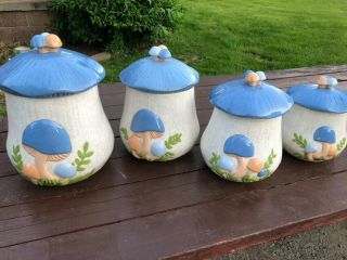 Vintage Hand - Painted Blue Ceramic Mushroom Canister Set,  4 Canisters,  Many Sizes