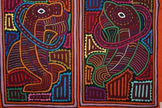 Kuna Mola Hand Stitched Reverse Applique Textile Folk Art Jumping Dolphins 73b -