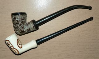 Two Vintage Unsmoked French Decorated Ceramic Tobacco Pipes.  Solid.