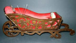 Antique Old 19c Sewing Kit Box Cart Chariot Holder Pin Cushion Scissors,  Thimble