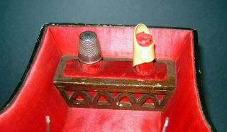 ANTIQUE Old 19c Sewing Kit Box Cart Chariot Holder Pin cushion SCISSORS,  THIMBLE 2