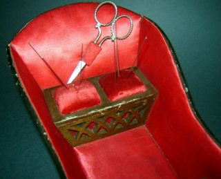 ANTIQUE Old 19c Sewing Kit Box Cart Chariot Holder Pin cushion SCISSORS,  THIMBLE 3