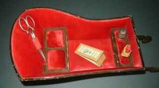 ANTIQUE Old 19c Sewing Kit Box Cart Chariot Holder Pin cushion SCISSORS,  THIMBLE 6