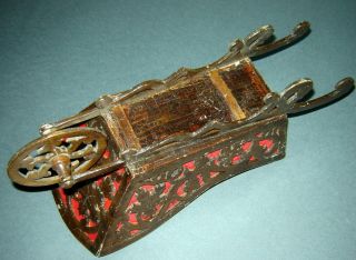 ANTIQUE Old 19c Sewing Kit Box Cart Chariot Holder Pin cushion SCISSORS,  THIMBLE 8