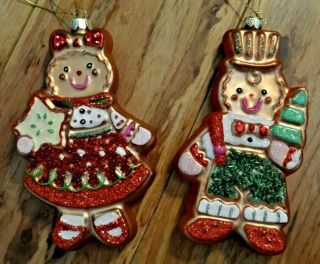 Hand Blown Glass Gingerbread Boy And Girl Christmas Tree Ornaments