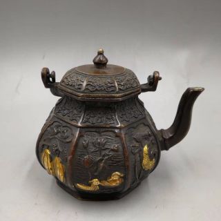 Chinese Antique Old Copper Hand - Made Gold - Plated Plum Wine Jug Teapot A