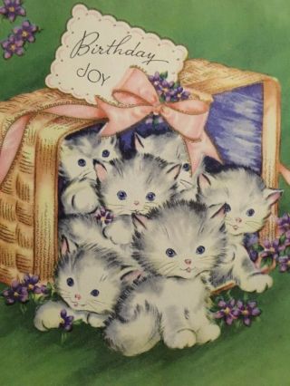Vtg Mid Century Kittens In A Basket Birthday Greeting Card