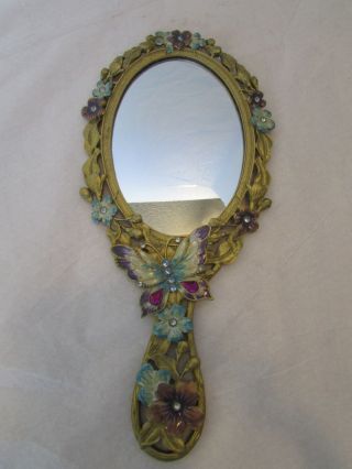Metal Floral Butterfly Enamel Hand Mirror Vanity Decoration Enameled Hand Mirror