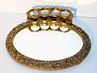 Vtg.  Oval Gold Tone Metal Mirrored Vanity Tray With 4 Lipstick Holders