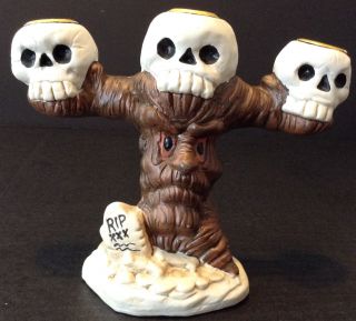 Ceramic Halloween Skull Candelabra Candle Holder Spooky Tree