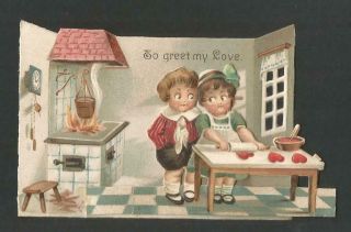 G45 - Cute Couple Vintage 1920s/30s Embossed Folding Standing 3d Valentine Card
