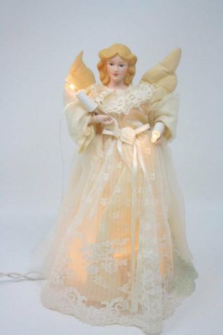 Vintage Porcelain Lighted Angel Christmas Tree Topper Ivory Lace Decoration