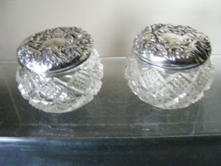 Antique Dressing Table Glass Pots With Sterling Silver Lids Hallmarked 1903