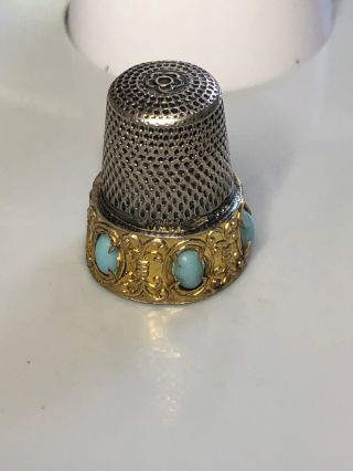 Thimble Sterling Silver Marked Italy With Gold Band Turquoise Cabochons