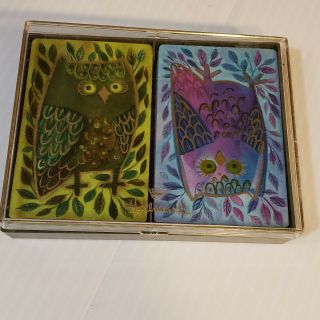 Vintage Hallmark Playing Cards Owls Double Deck Mid Century Modern Purple Green