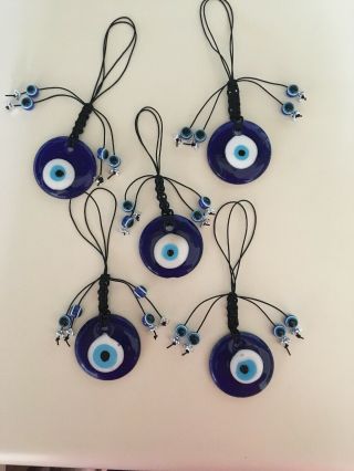 Five Blue Glass Beaded Greek / Turkish Evil Eye Pendant,  Wall Hanging,  Etc
