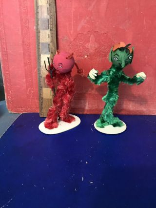Vintage Early Halloween Chenille Figures,  Devil And Green Man.