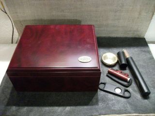 1915 Thompson & Co.  Cherry Wood Humidor With Hygrometer And Accessories