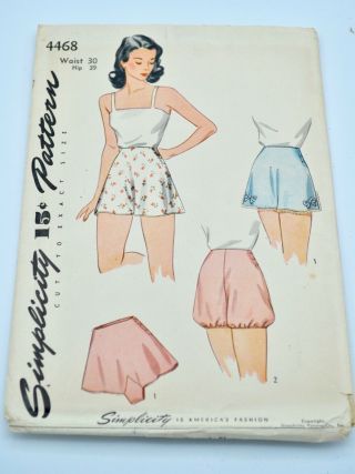 Vintage Simplicity Sewing Pattern 40s 50s Panties Bloomers Tap Shorts 4468