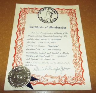1948 Membership Certificate The Ocean City Md Marlin Club For Ralph K.  Griesemer