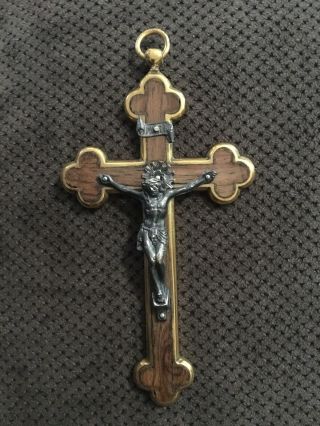 Vintage Roma Inlaid Wood And Brass Budded Pectoral Crucifix