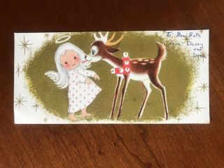 Mid - Century Vintage Flat Christmas Card Reindeer Kissing Little Angel Girl