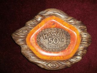 Hawaii 50th State Ashtray Treasure Craft Vintage Wood Look Leaf 1960s Tiki