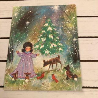 Vintage Greeting Card Christmas Angel Girl Animals Tree Deer