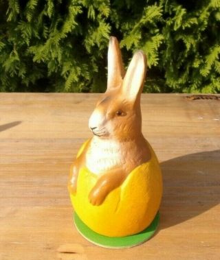 Signed Ino Schaller Paper Mache Bunny Rabbit In A Yellow Egg - Made In Germany
