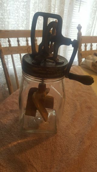 Antique 2 Quart Metal Hand Crank Butter Churn Glass Mixer With Wooden Paddle