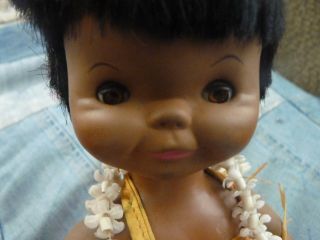 Rare Vintage Hawaiian Hawaii Baby Doll With Grass Hula Skirt Lei Eyes Open Close