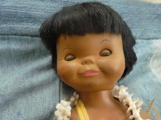 Rare Vintage Hawaiian Hawaii Baby Doll with grass hula skirt lei eyes open close 3