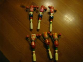 6 Vintage Noise Maker Whistle Clacker Toy Wooden Dolls & Cats Japan Made