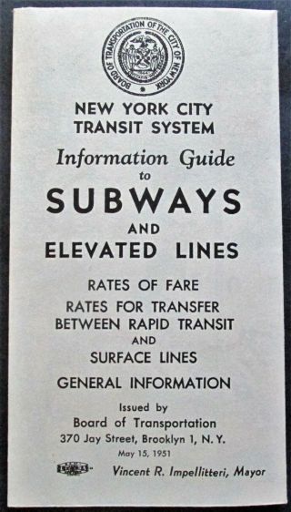 Board Of Transportation York City Rapid Transit Subway & El Map May 15 1951