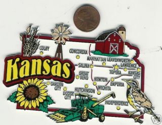 Kansas State Map Jumbo Tourist Magnet 7 Color Topeka,  Leavenworth Emporia