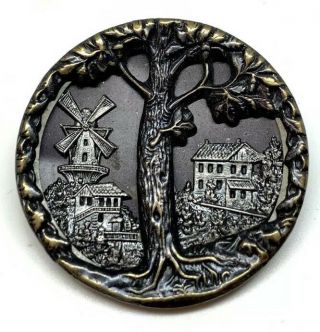 Antique Brass Button Giant Oak Tree & Village With Windmill 41mm