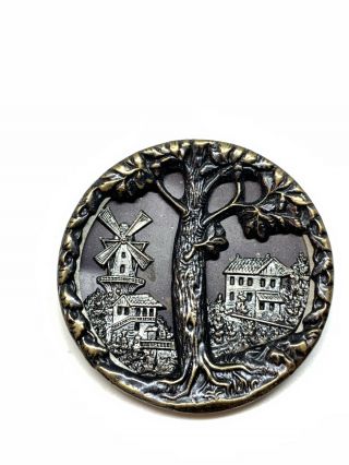 Antique Brass Button Giant oak Tree & Village with Windmill 41mm 4