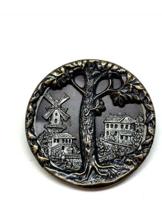 Antique Brass Button Giant oak Tree & Village with Windmill 41mm 5