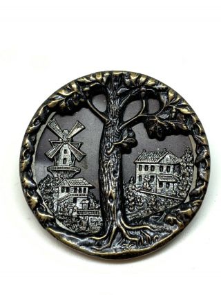 Antique Brass Button Giant oak Tree & Village with Windmill 41mm 6