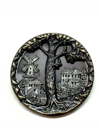 Antique Brass Button Giant oak Tree & Village with Windmill 41mm 7