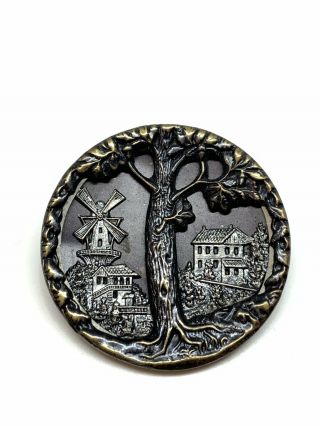 Antique Brass Button Giant oak Tree & Village with Windmill 41mm 8