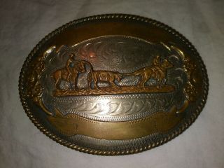 Vintage Cowboy Teem Roping Calf Silver Belt Buckle Alpaca Mexico